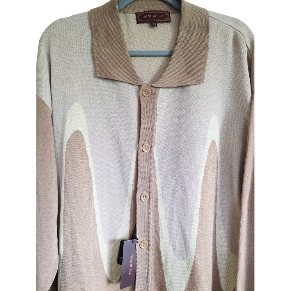Creme De‎ Silk Mens 3X Vintage Wave Pattern Knit Brown Button Down Sweater NWT